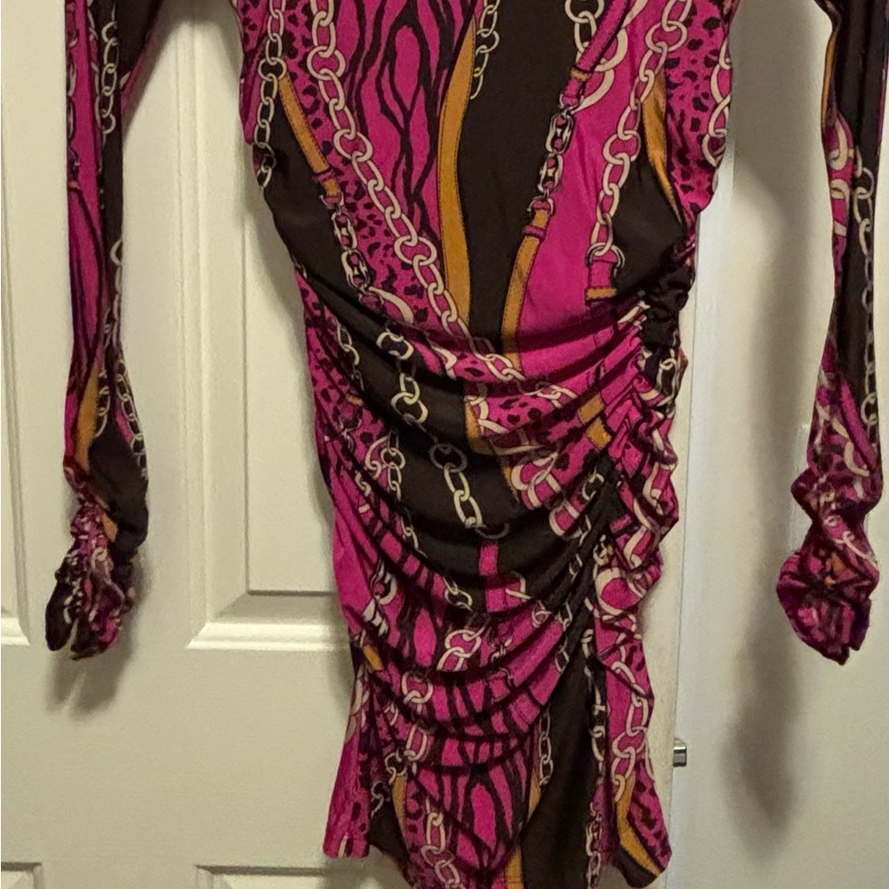 Pink & Brown Chain Print Ruched Long Sleeve Dress